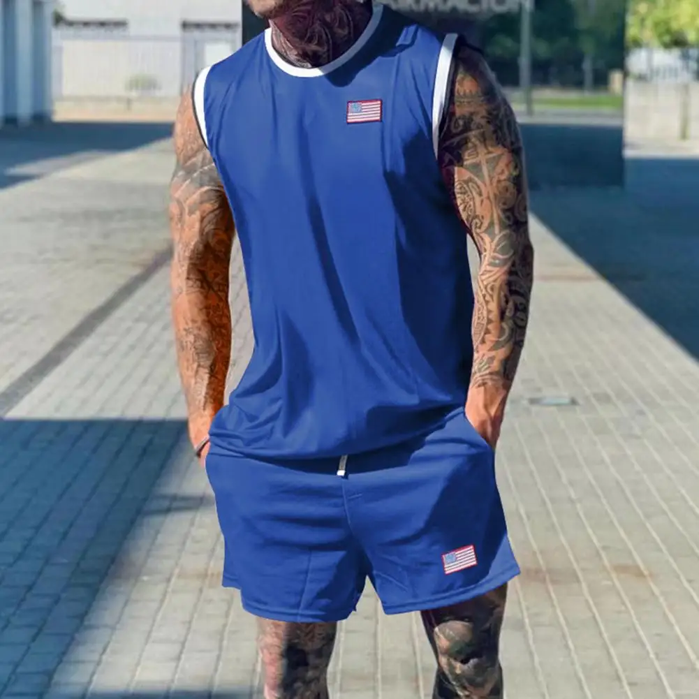 Terno esportivo respirável masculino, conjunto de calções de cintura elástica, poliéster, material spandex, colete verão, pele amigável