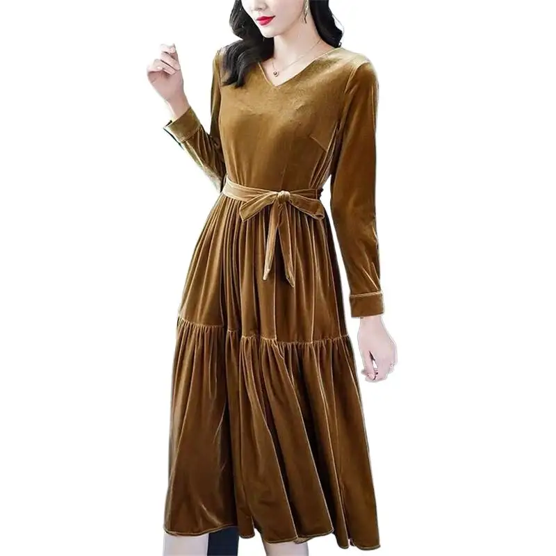 

New Autunm Women Sexy V-neck long sleeve velour dress,French Elegant Party Dresses Vestidos 2024 Winter velvet dress