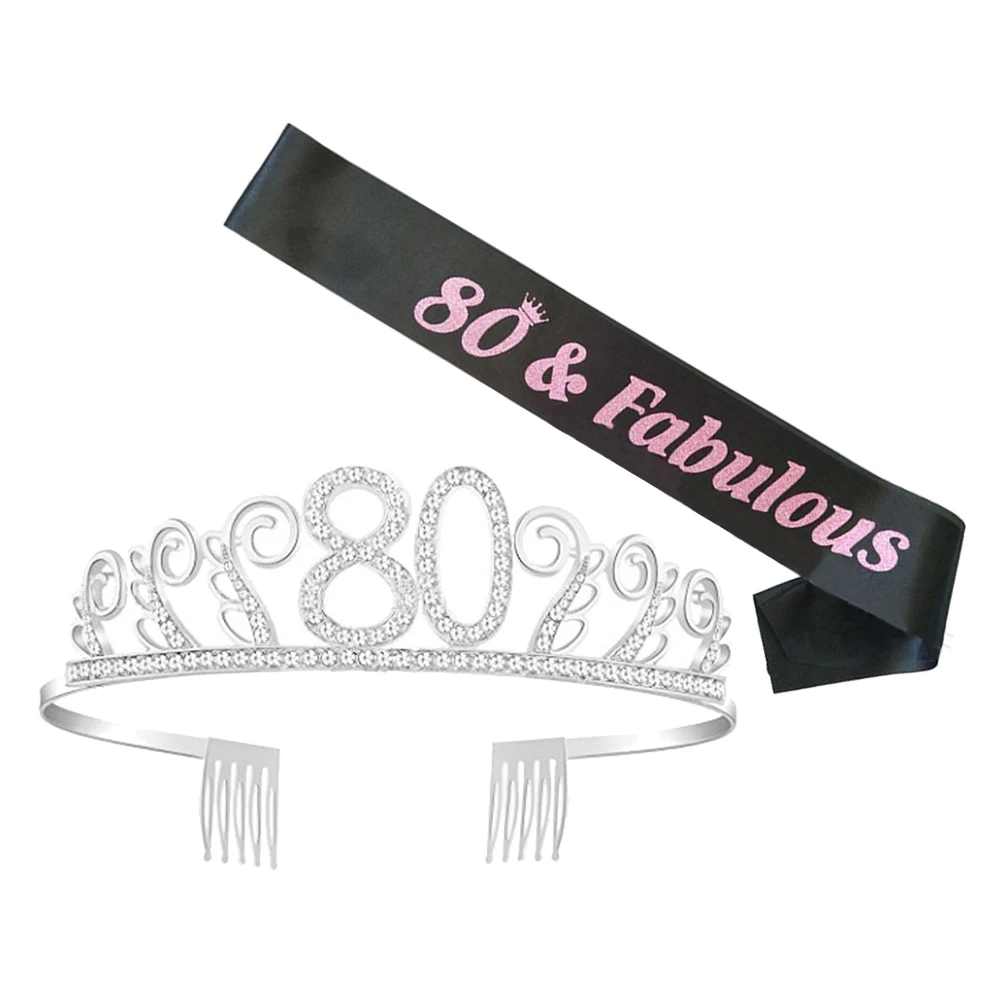 

1 Set 80 Rhinestone Crown Hair Comb Birthday Party Sash Decoration Tiara Accessory Lightweight Sparkling Queen Celebration Gift