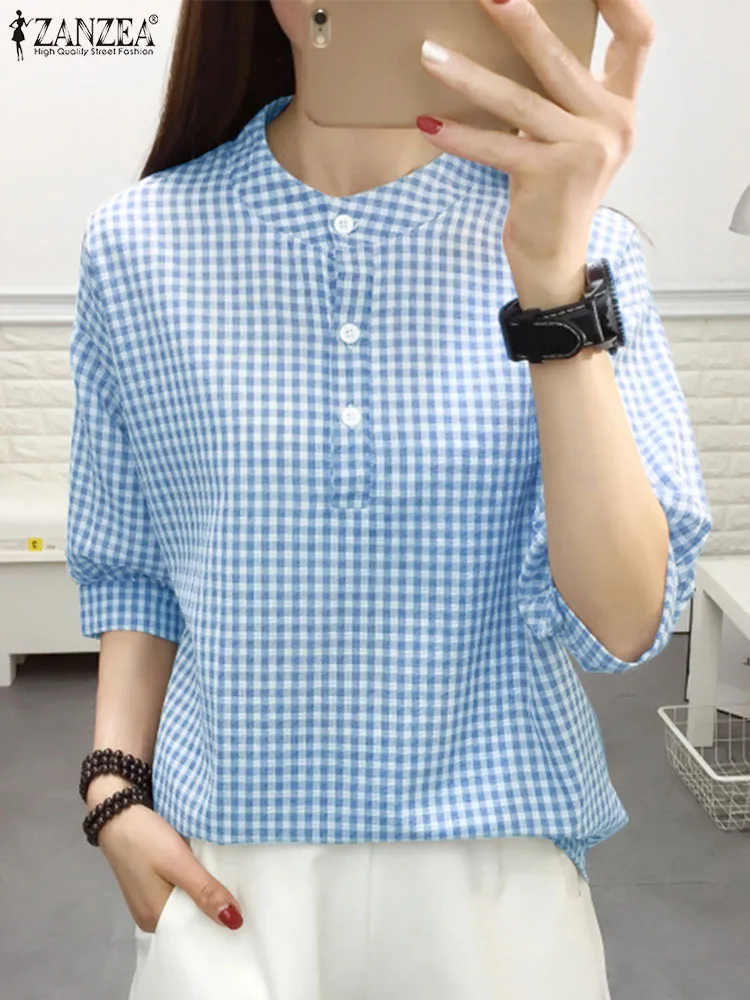 ZANZEA Summer Fashion O Neck Half Sleeve Blouse Women Plaid PChecked Shirt Female Elegant Work Blusas Casual Buttons Down Tops