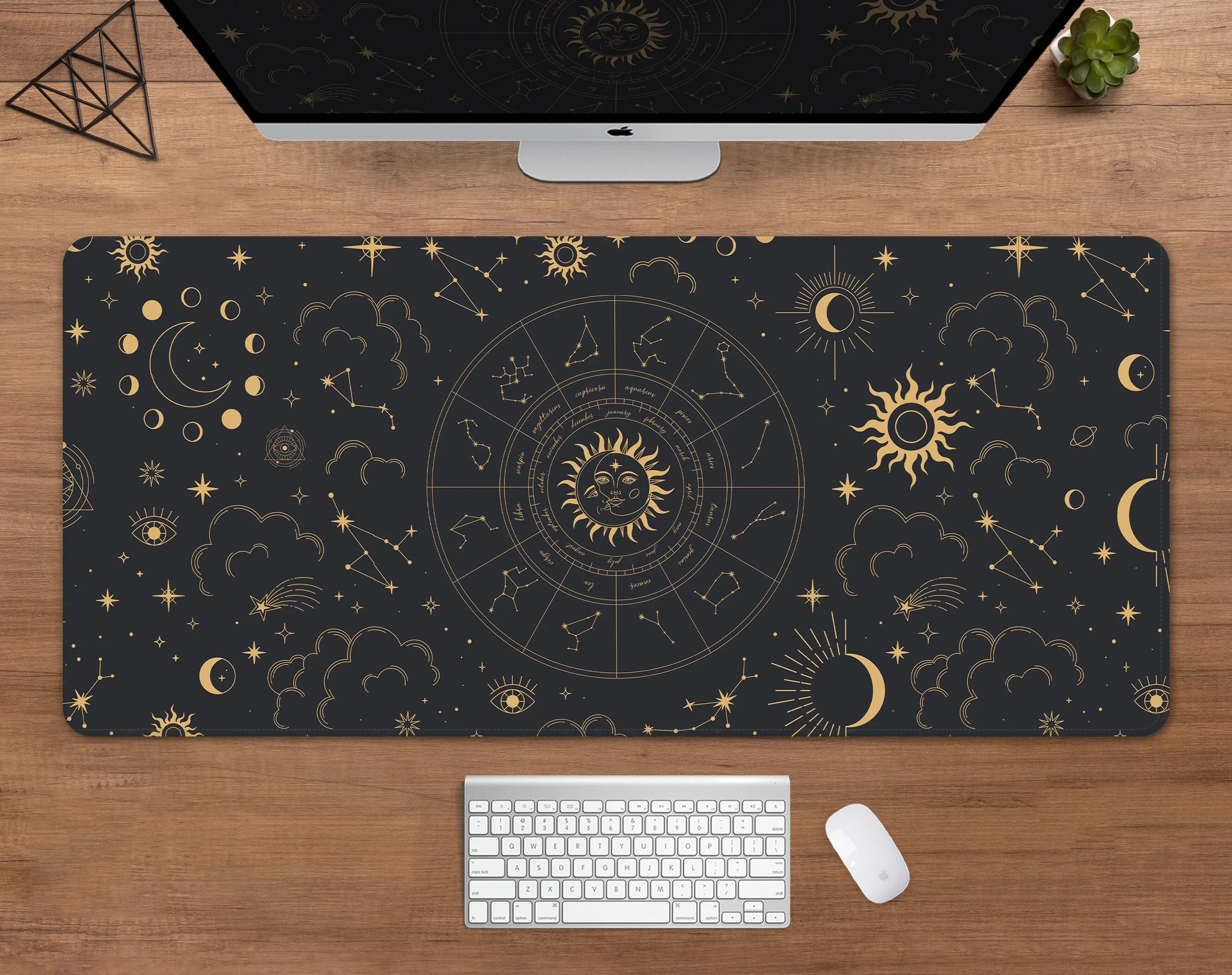 Constellation Desk Mat Astrology Mousepad Gold Black Zodiac Wheel Space Galaxy Stars Moon XXL Large Astrology Gaming Mouse Pad