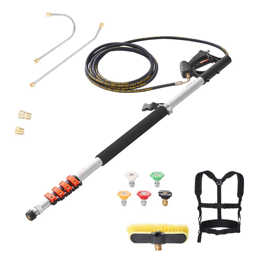 Pressure Washer Telescoping Wand for gutter cleaning, aluminum alloy, black, extends to 18 ft, supports 4000 psi, includes brus