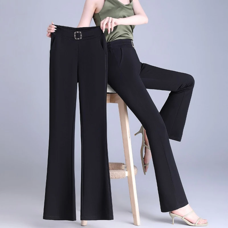 

Simplicity Office Lady Summer Suit Pants Thin Women Solid Pockets Elastic High Waist Korean Fashion Slim Straight Flare Trousers