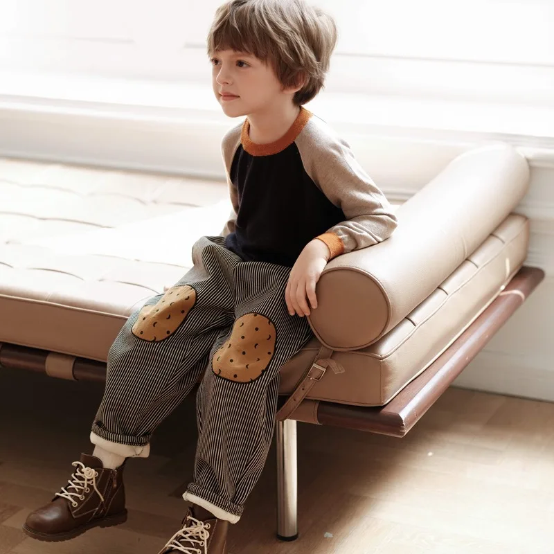 سميكة الصوف الفتيان السراويل الشتاء الأطفال مخطط زين عادية فضفاض مستقيم الساق السراويل طفل تنوعا ملابس خارجية W5235 #2