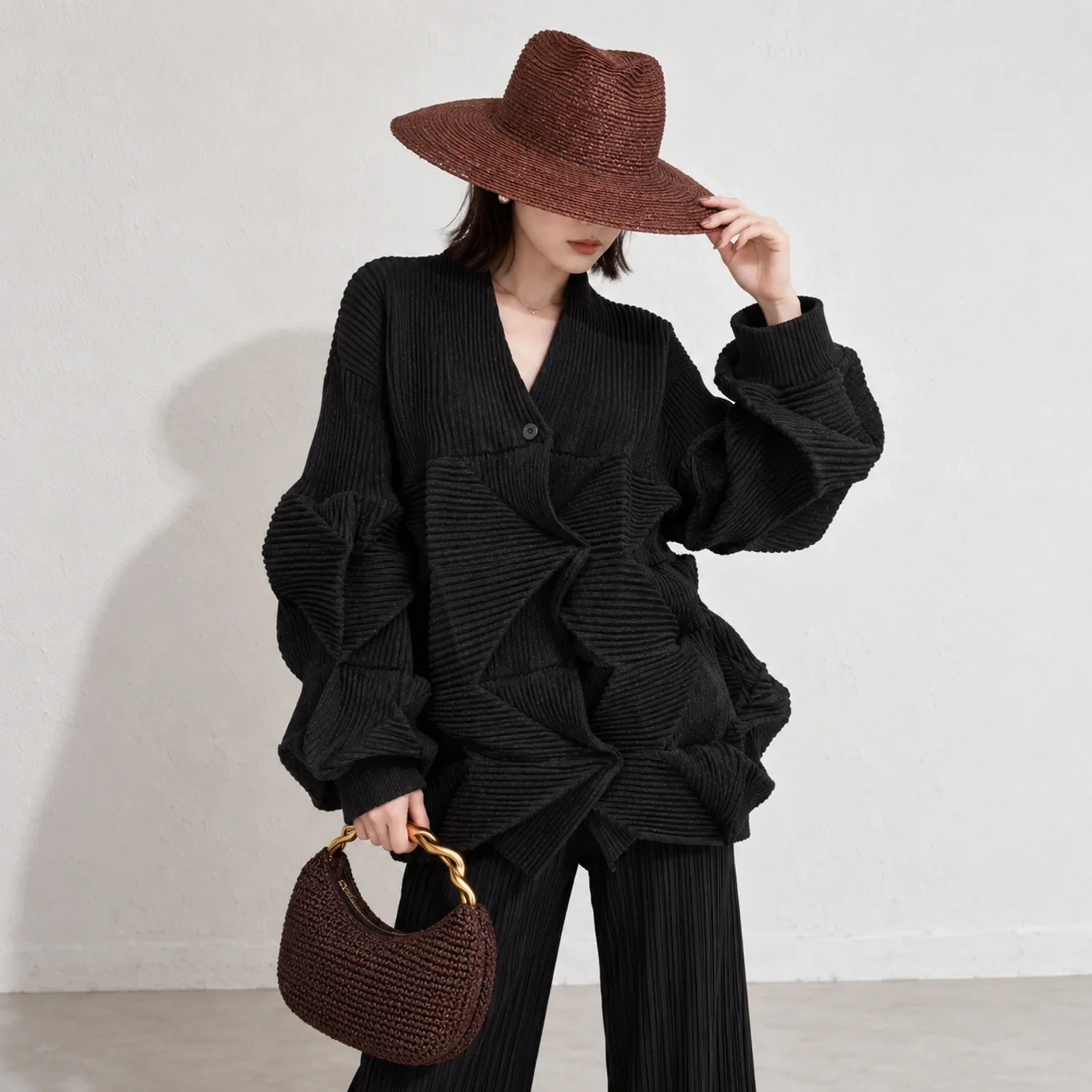 Miyake Women 3D Geometric Pleated Blouse, V Neck Bubble Long Sleeve Loose Fashion Textured Shirt