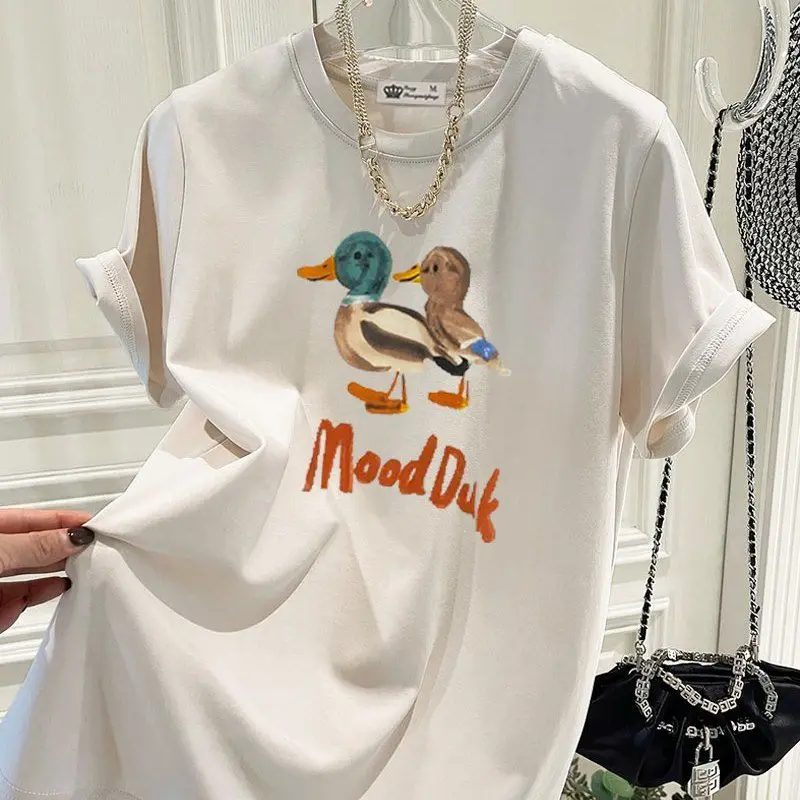 夏の漫画アヒル Tシャツ純粋な綿カジュアル基本ヴィンテージトップス女性服 O ネック半袖ファッションプリントプルオーバー