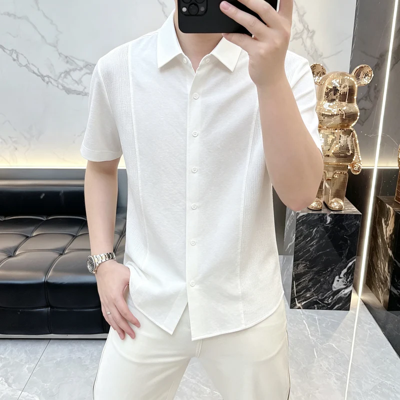 

2026 Summer New Style Side Texture Patched Short-Sleeved Shirt for Men - Breathable Business Casual Shirt