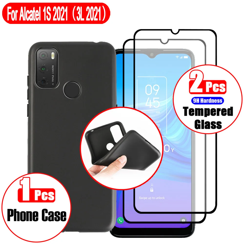 Capa para alcatel 1s 2021/3l 2021, 3 em 1 conjunto (1 peça de capa de telefone + 2 peças protetores de tela) filme de impressão de borda preta, anti-impressão digital