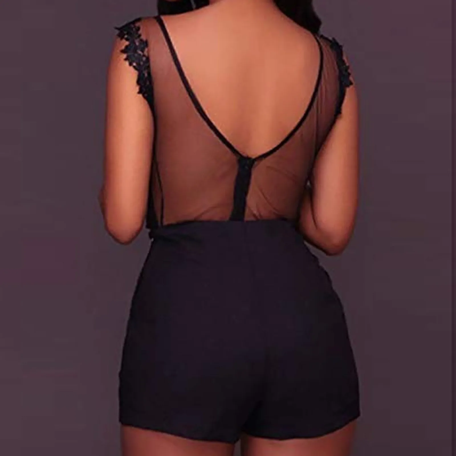 Women Exotic Sets Fashion Sexy Back Zipper V-Neck Slim Bobysuits Lace Embroidery Mesh Patchwork Sleeveless Hollow Bobysuits