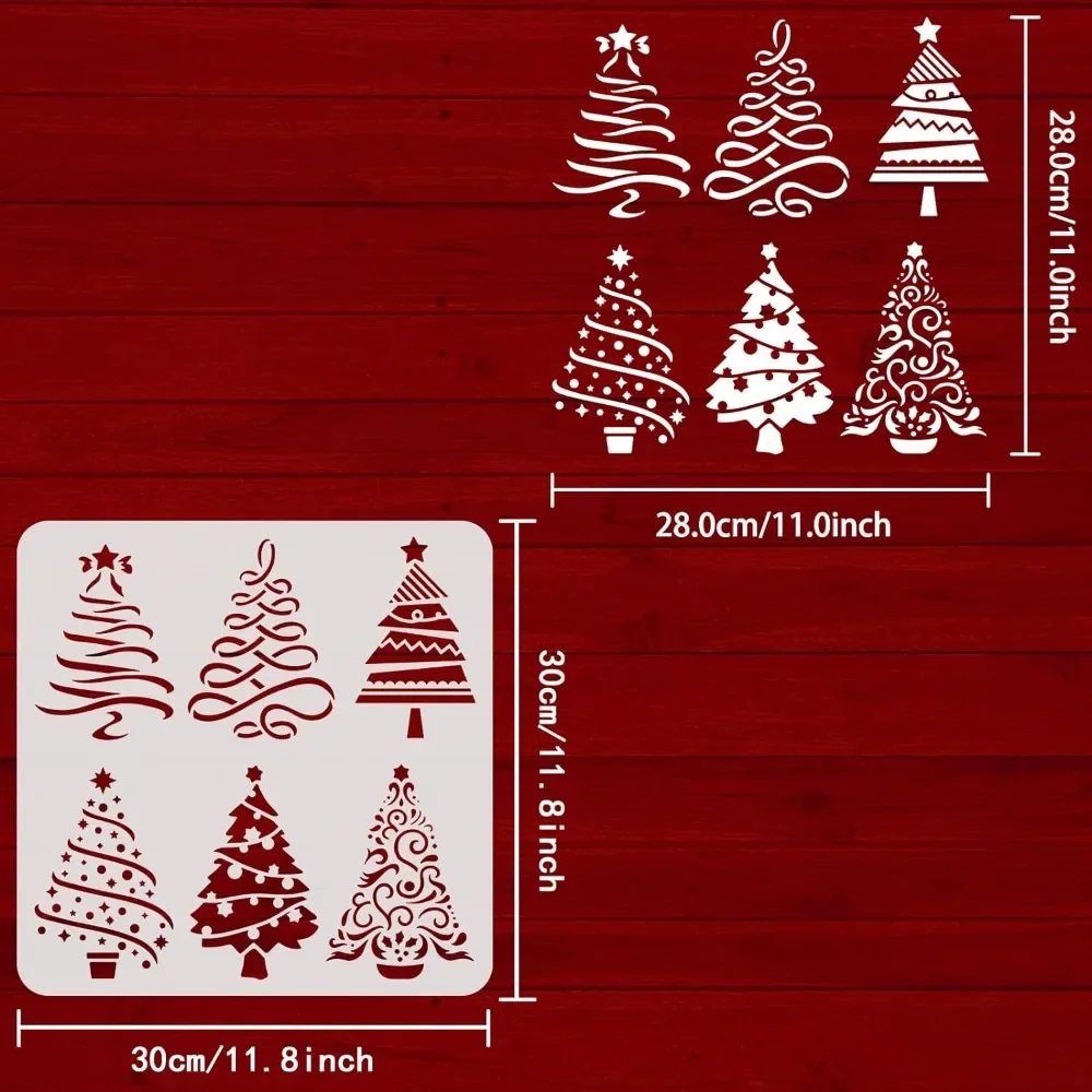 Christmas Tree Stencils 11.8x11.8 inch 6 Different Christmas Tree Pattern Stencils with Stars Stencils Template Plastic