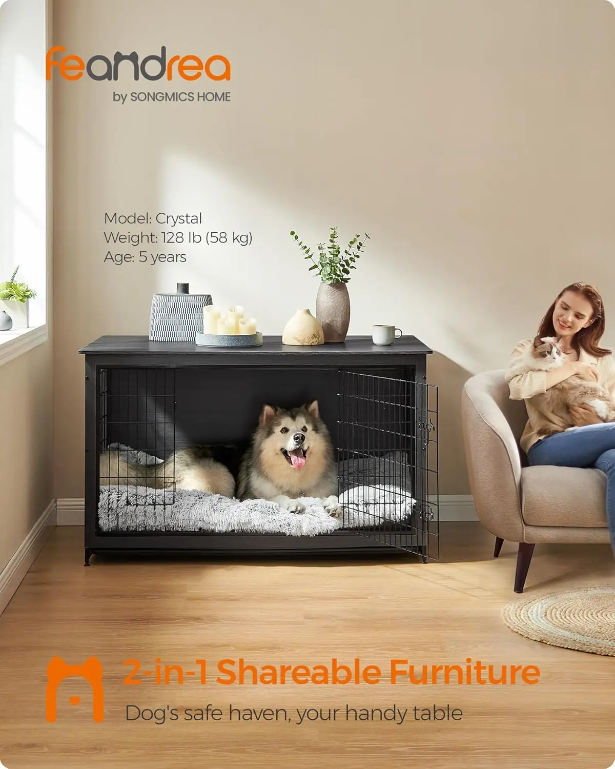 Feandrea Dog Crate Furniture, 56.1" Modern Kennel for Dogs Indoor up to 105 lb, Heavy-Duty Dog Cage with Multi-Purpose Removable