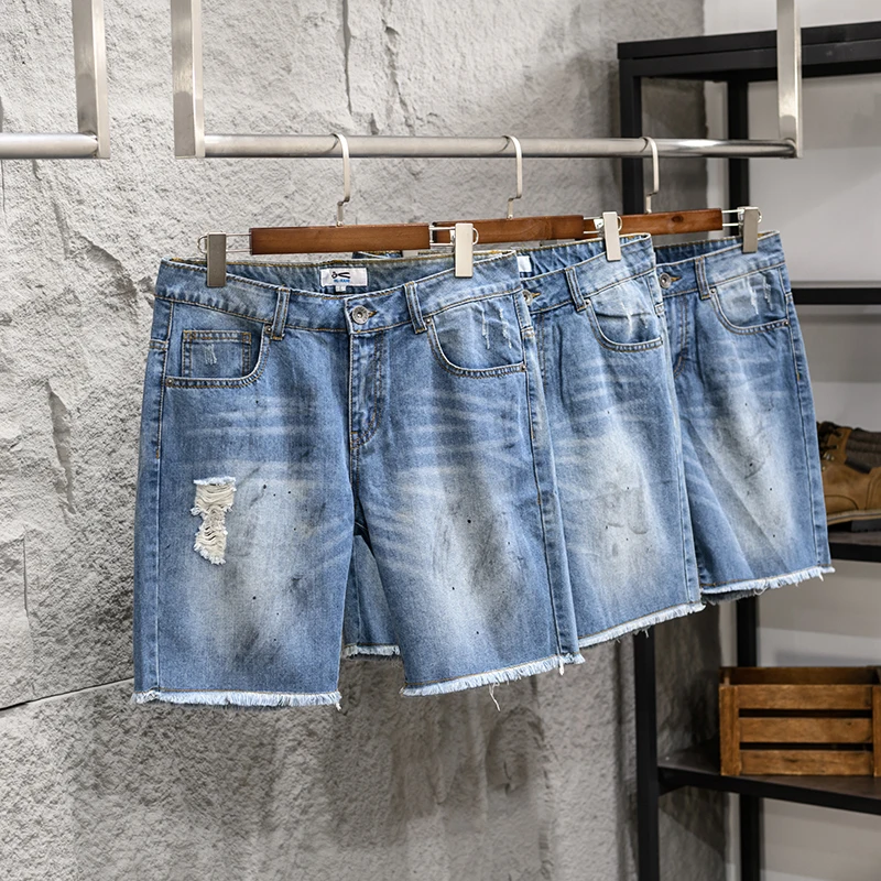 

Stylish Casual Men's Shorts Summer Fashion Denim Washed out Distressed Loose Straight Modern Style mid High Waist Shorts