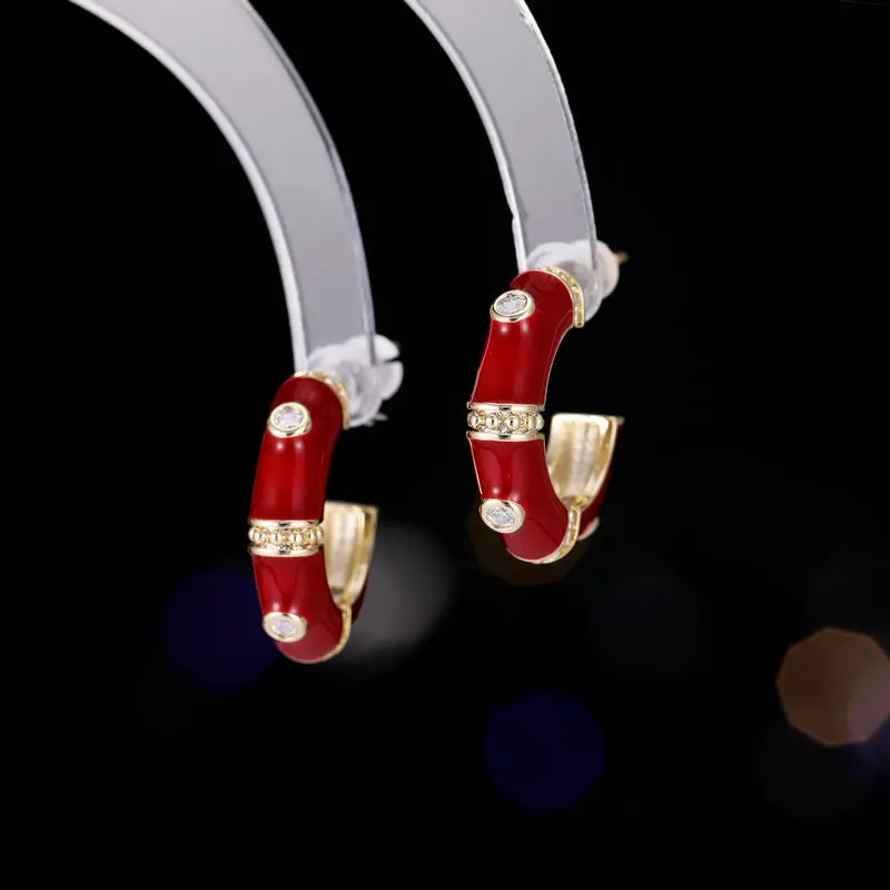 

s925 Silver Needle elegant earrings, high-end French retro enamel ring, colorful, simple and versatile C-ring earrings