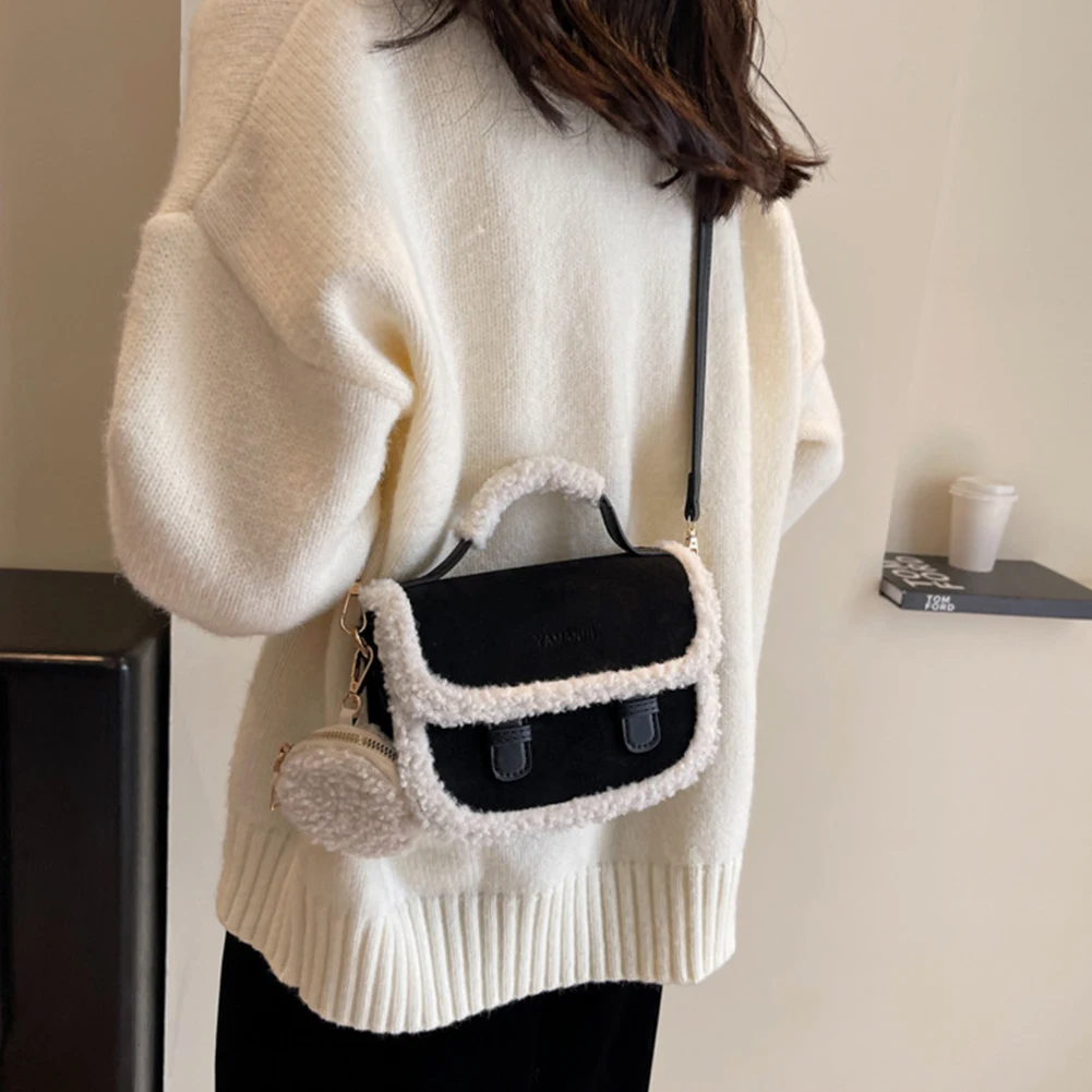 

Women Casual Handbag Vintage Plush Messenger Bag with Coin Purse Pouch Square Tote Bag Top Handle Bag for Autumn and Winter