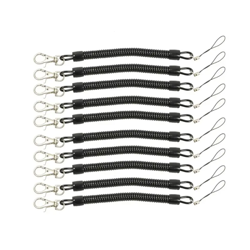 10Pcs Black Coil Springs Keychain Cellphone Hook Holder Retractable Coil Cord for Key Chain Holder with Lobster Clasp