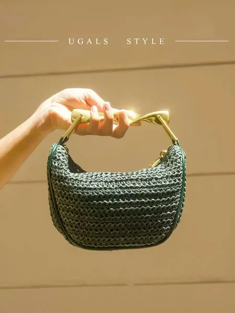 

Fashion Metal Handle Hobo Bag Straw Woven Handbag Shoulder Crossbody Bag Luxury Female Clutch Purse Holiday Vacation Travel Bag