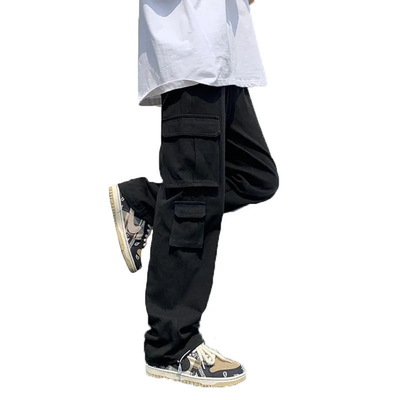 Summer KPOP Fashion Style Harajuku Slim Fit Trousers Loose All Match Casual Pants Solid Pockets Straight Cylinder Cargo Pants