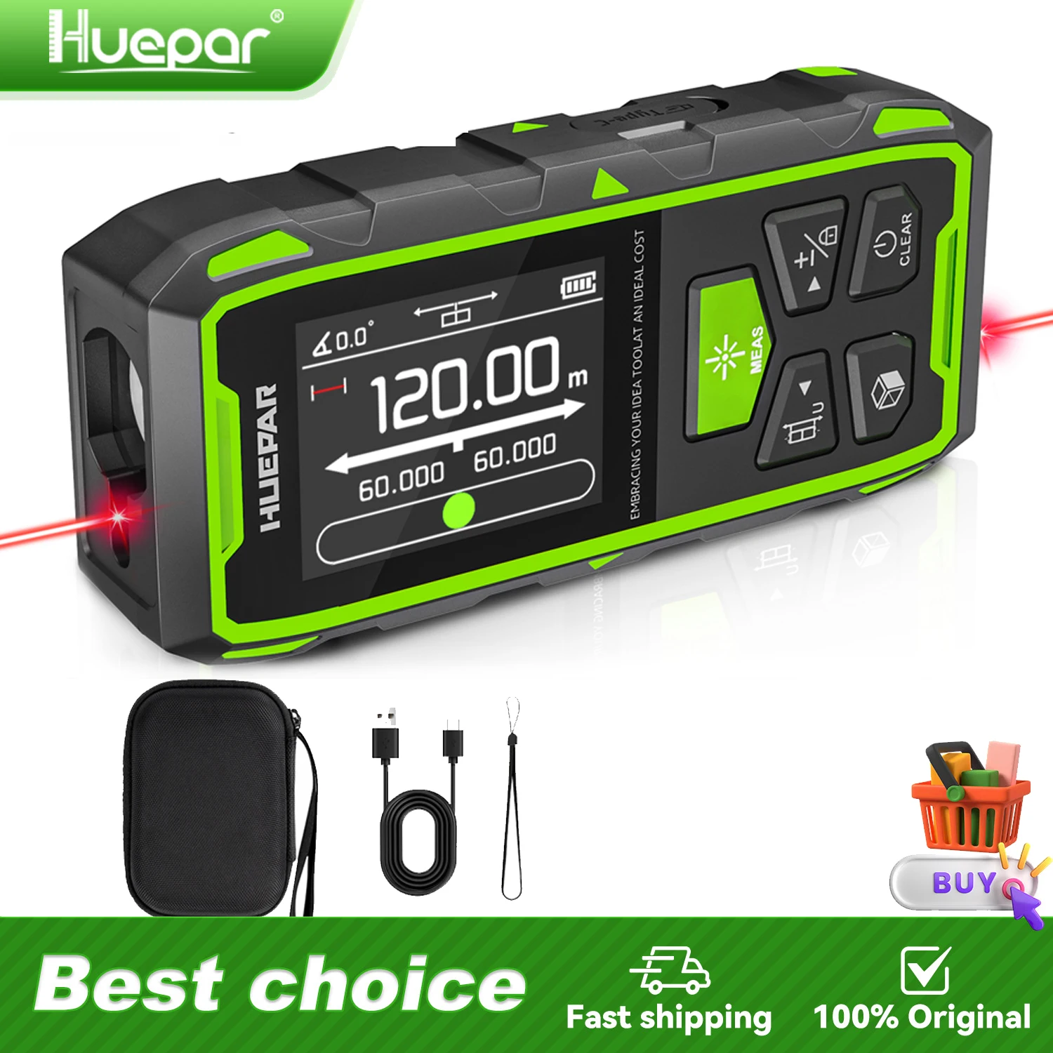 

Huepar Dual Laser Rangefinder 120M/200M Red Beam Digital Laser Meter Multiple Unit Measurement Tool And Angle Sensor LCD display