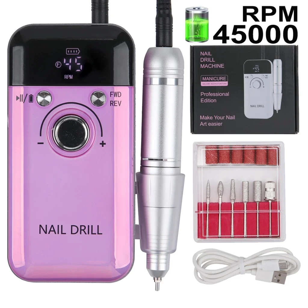 Trapano per unghie portatile elettrico professionale da 45000 giri/min Lima per levigatrice per unghie ricaricabile a basso rumore per strumento per salone di manicure