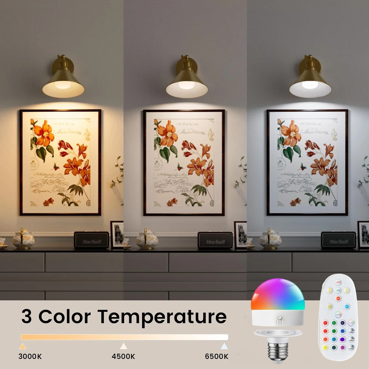 Lámpara de pared con pilas recargable sin cables con 15 bombillas Rgb regulables y extraíbles y control remoto 2770 °