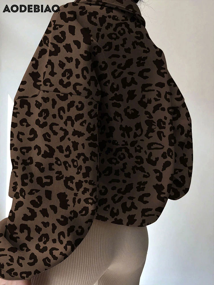 AODEBIAO Leopard Print Hoodie Women Coat Autumn Long Sleeves Fashion Turn-Down Collar Hoodie Casual Loose Hoodie Lady Streetwear