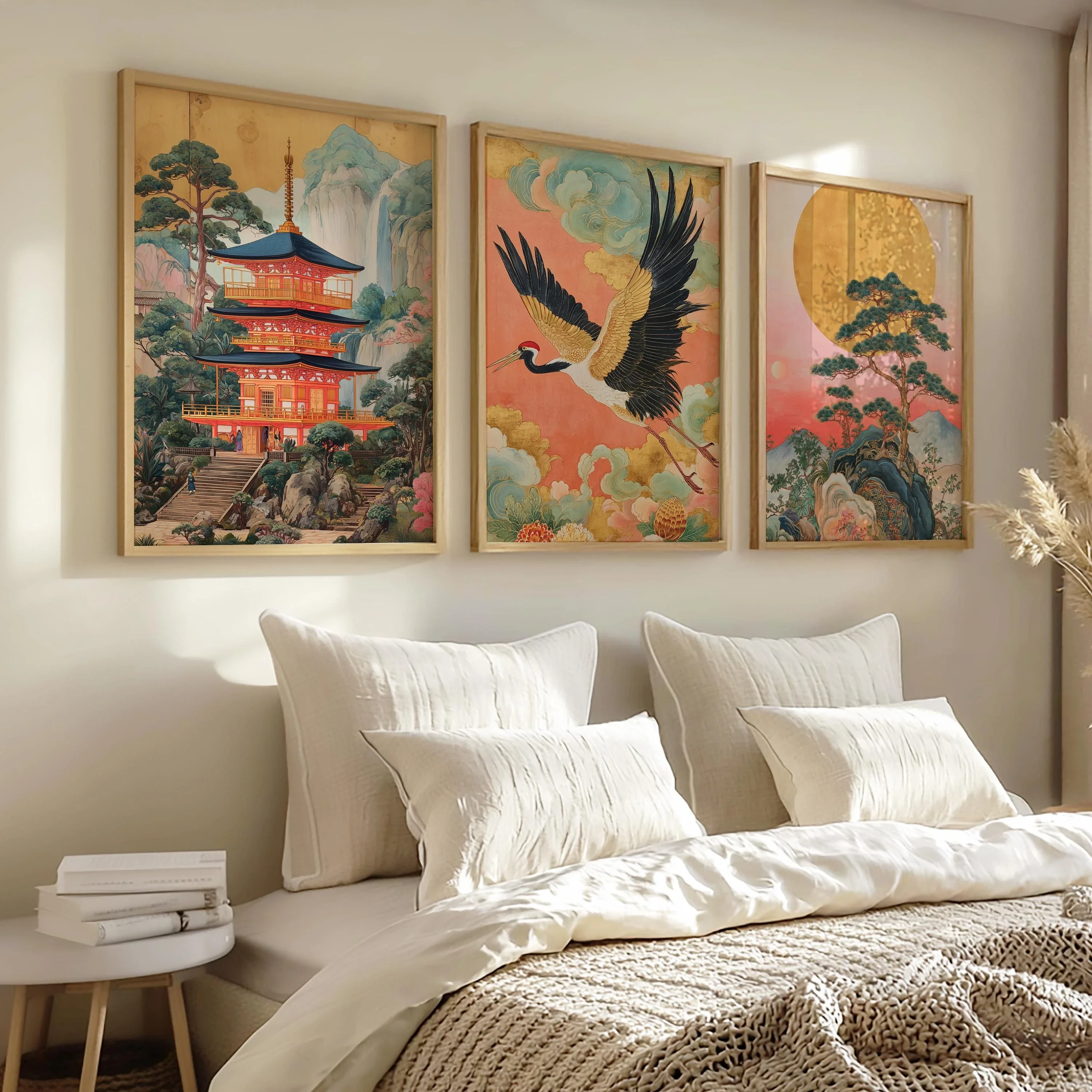 Multiple sizes 3pcs frameless Canvas Painting,3pcs Vintage Japanese Wall Art Golden Sun Crane Japan Poster Set Japan Traditional