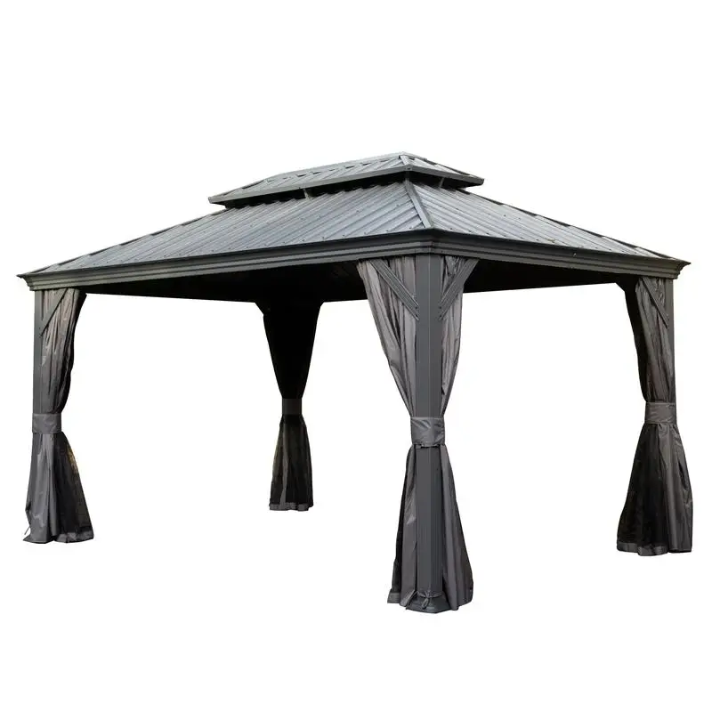 شرفة شرفة صلبة مقاس 10 × 14، مظلة معدنية مطورة مع نظام تصريف، وسقف فولاذي مجلفن بطبقة مزدوجة، تتضمن ستارة وشبكة،