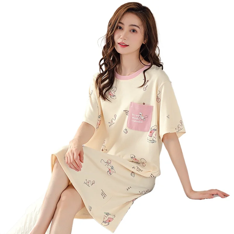 New 2024 Summer Pajamas Women's Pure Cotton Short Sleeved Mid Skirt Thin Casual Sweet Home Dresses Loose Oversized Size Female