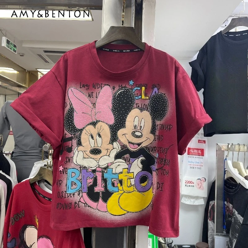 

European Style Trendy Brand Heavy Rhinestone Cartoon Short Sleeved T-shirt Ladies New Loose Casual Versatile Top Tees Pullovers