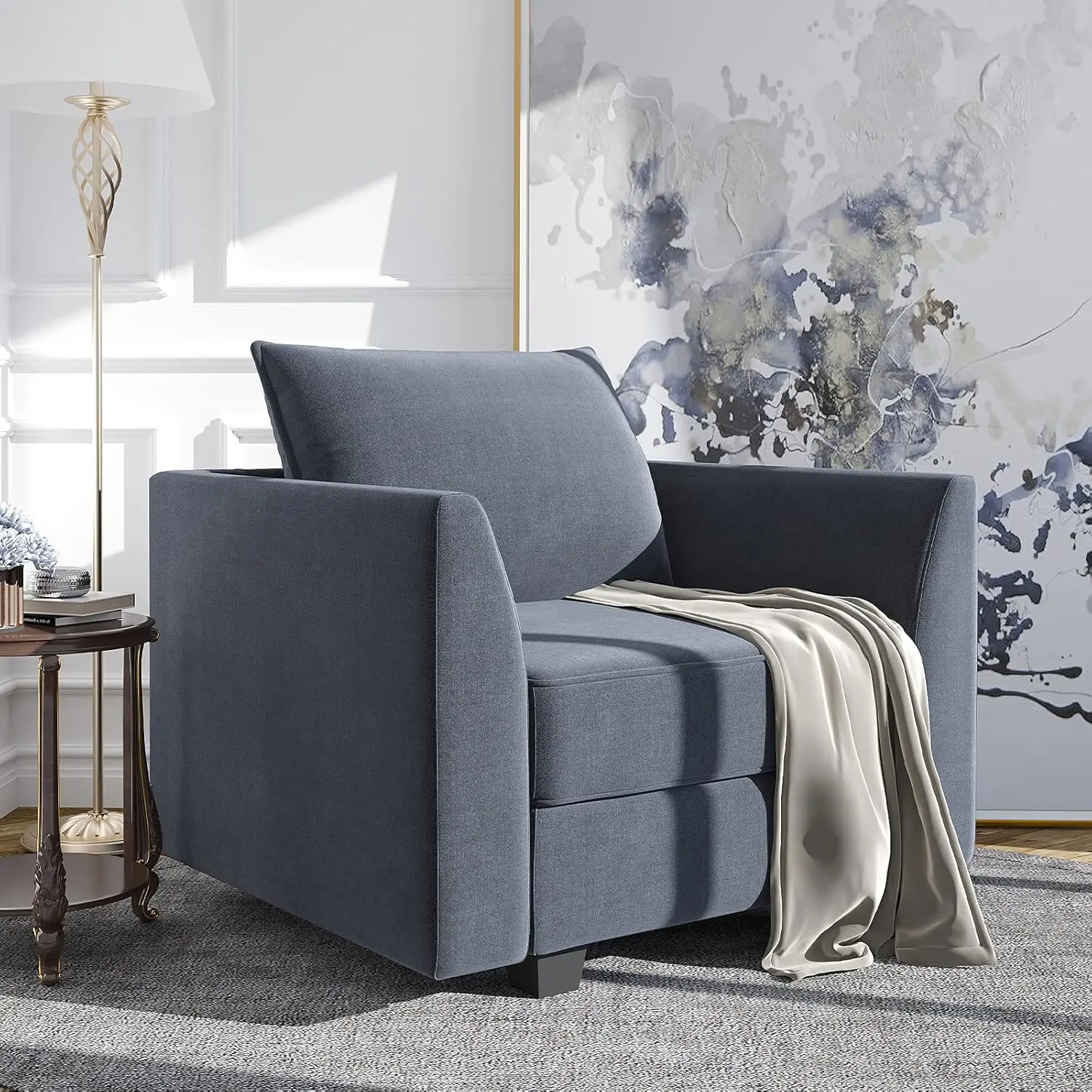 Modern Fabric Armchair Contemporary Arm Accent Chair with Storage Club Chair in Bluish Grey