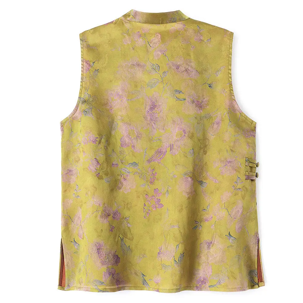 BirdTree-32MM Silk Watered Gauze Elegant Vest, Stand Floral, Women Retro Commute Loose Cardigan Coat, 2026 Summer New C66364CC