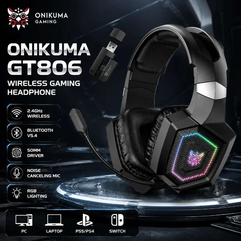 ONIKUMA GT806 Wireless Gaming Headphone 2.4GHz Bluetooth 5.3 50mm Hifi Stereo Detachable Mic RGB For PC PS5 PS4 Switch Laptop