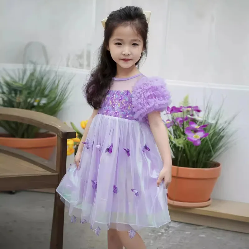 2025 Summer New Girls Butterfly Wings Sequin Splice Dress Children Performance Dress Baby Bubble Sleeve Princess Dress