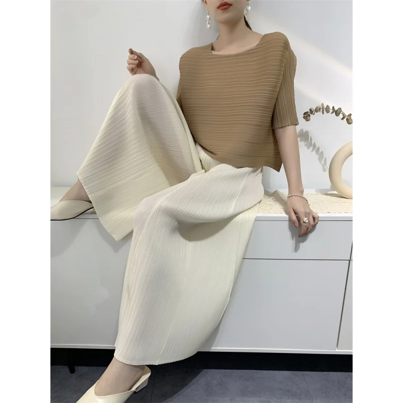 2023 Miyake Pleated Niche Wide-leg Flared Trousers for Women Spring Summer High Waist Elegant Solid Color Female Loose Pants