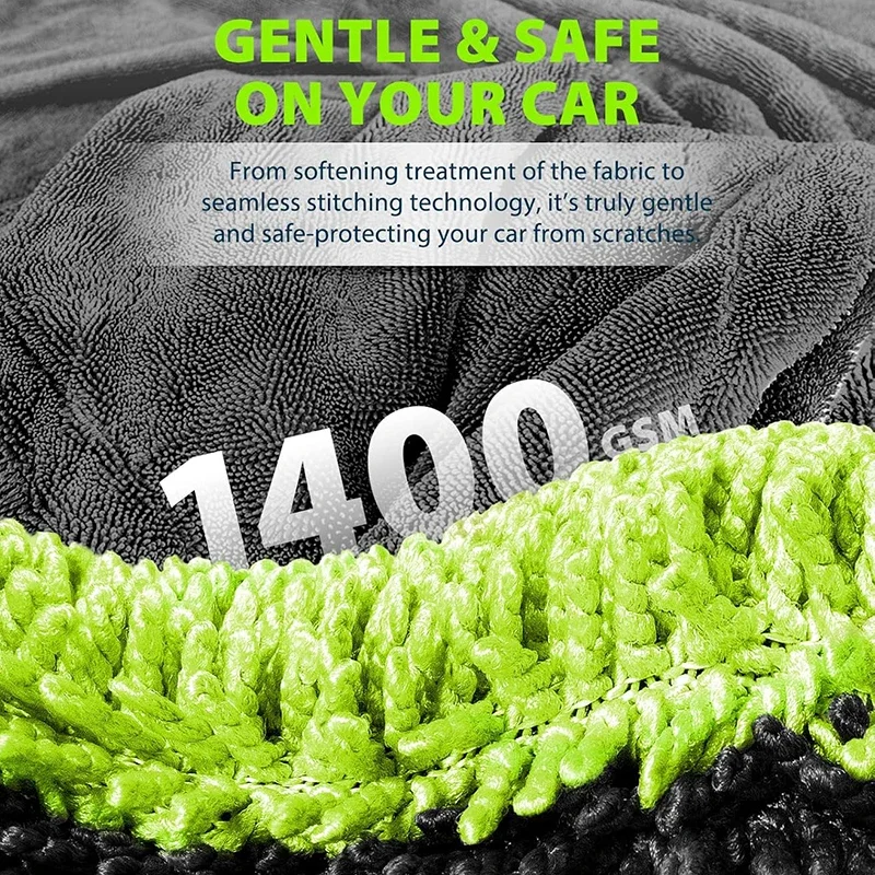منشفة تجفيف شاحنة SUV كاملة الحجم 1400GSM من الألياف الدقيقة على الوجهين، تكنولوجيا الغزل الملتوي، عالية الامتصاص ومقاومة للخدش #3