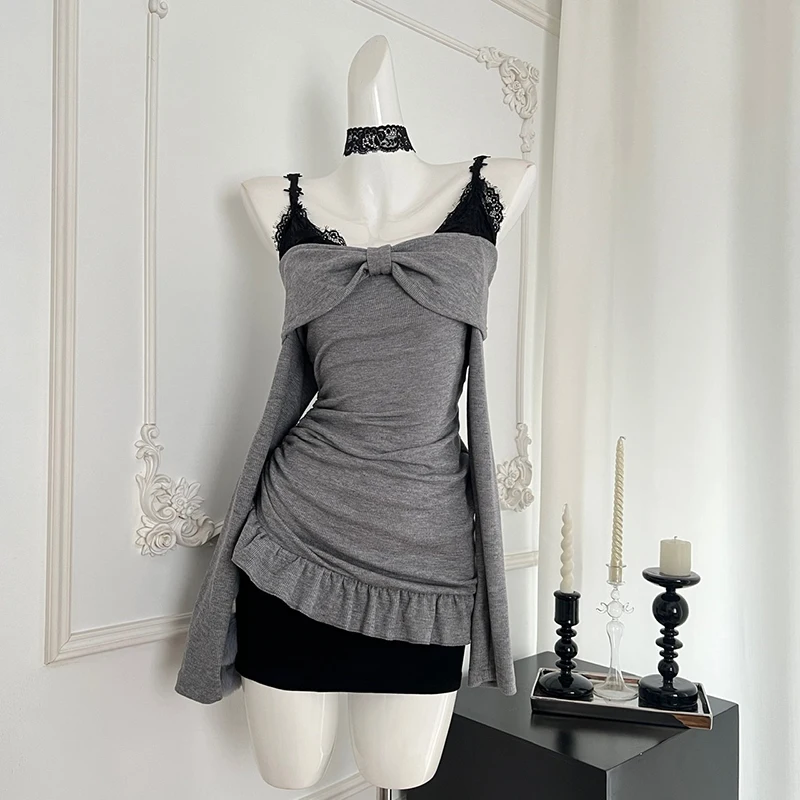 Elegancka słodka sukienka z odkrytymi ramionami wyszczuplająca krótka spódniczka sukienka z długim rękawem dla kobiet Design Sense Niche sukienka w