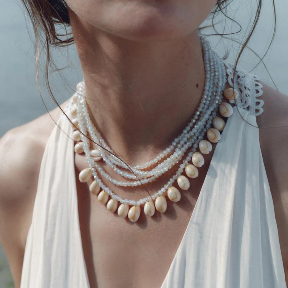 

ZAA 2025 Fashion Shell Sparkle Necklace For Women,Elegant Multilayer Handmade Crystal Beads Charm Jewelry,Bride Banquet Necklace