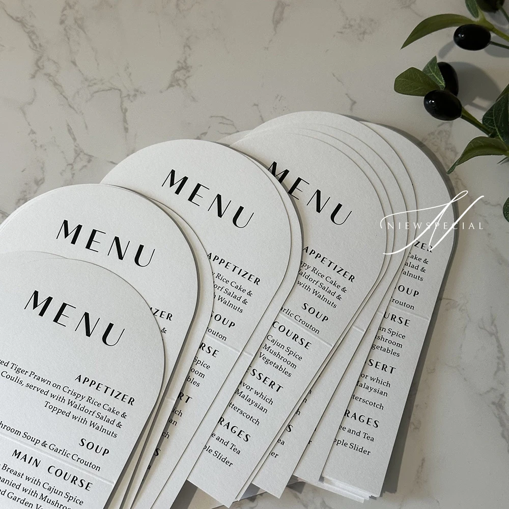 Elegant Half-Moon Place Card and Menu Set for Events and Weddings, Personalised Folded Arch shape Wedding Menu Cards with Guests