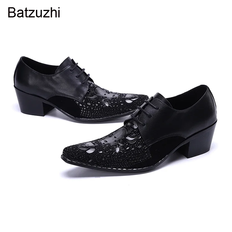 Batzuzhi scarpe eleganti in pelle da uomo in pelle di lusso Vintage scarpe a punta in metallo nero scarpe da lavoro in pelle uomo matrimonio, EU38-46