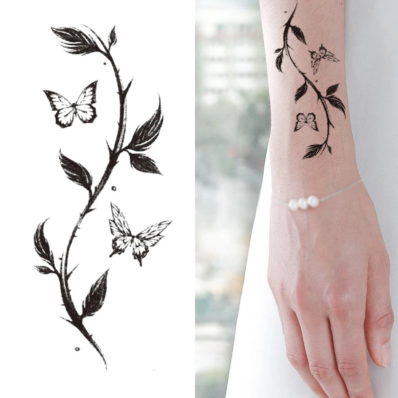

Tattoo Sticker Black Leaves Butterfly Flower Temporary Waterproof Flash Makeup Hand Arm Neck Fake Body Art for Men Women Party