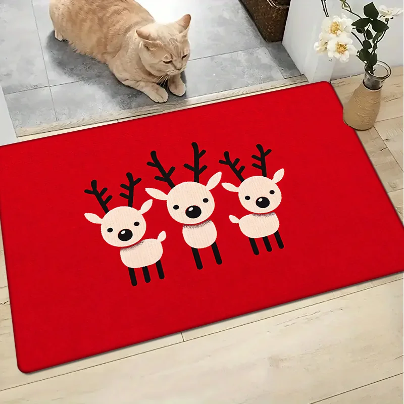 1pc Festive Red Christmas Door Mat with Adorable Reindeer Print - Non-Slip, Absorbent, Machine Washable Floor Mat for Entryway,