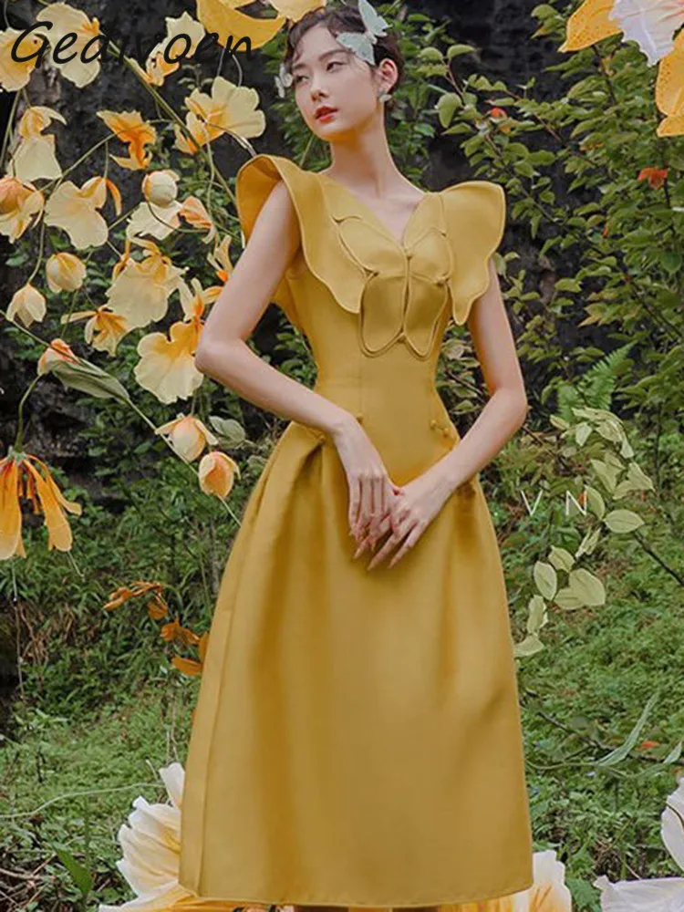 

Gedivoen Autumn Fashion Runway Orange Vintage Party Dress Women Flying Sleeve Butterfly Button High Waist Slim A-LINE Long Dress