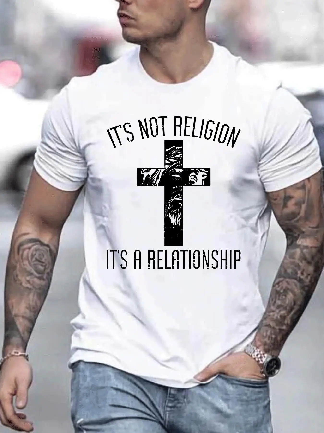 เสื้อยืดคอกลมพิมพ์ลายคริสเตียนลําลองสําหรับฤดูร้อน 1 ชิ้น - ผ้าถักโพลีเอสเตอร์ยืดเล็กน้อย - พอดีปกติ