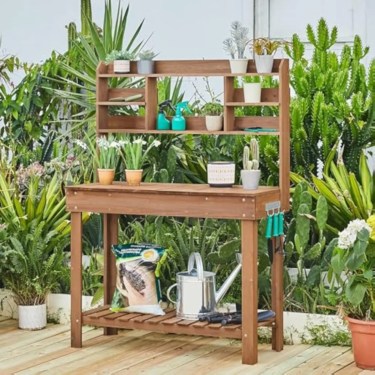 Rustic Fir Potting Station with Concealed Sink Compartment, Three-Tier Storage Rack, Side Tool Hooks, Ergonomic Waist-High Desig