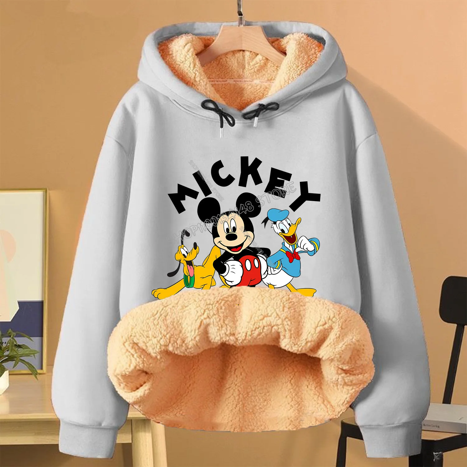 Disney Mickey Mouse Fleecing Hoodie for Adult Thick Fleece Coat Cute Warm Winter Clothing Anime Hoodies Clothes Sweatshirt Gift