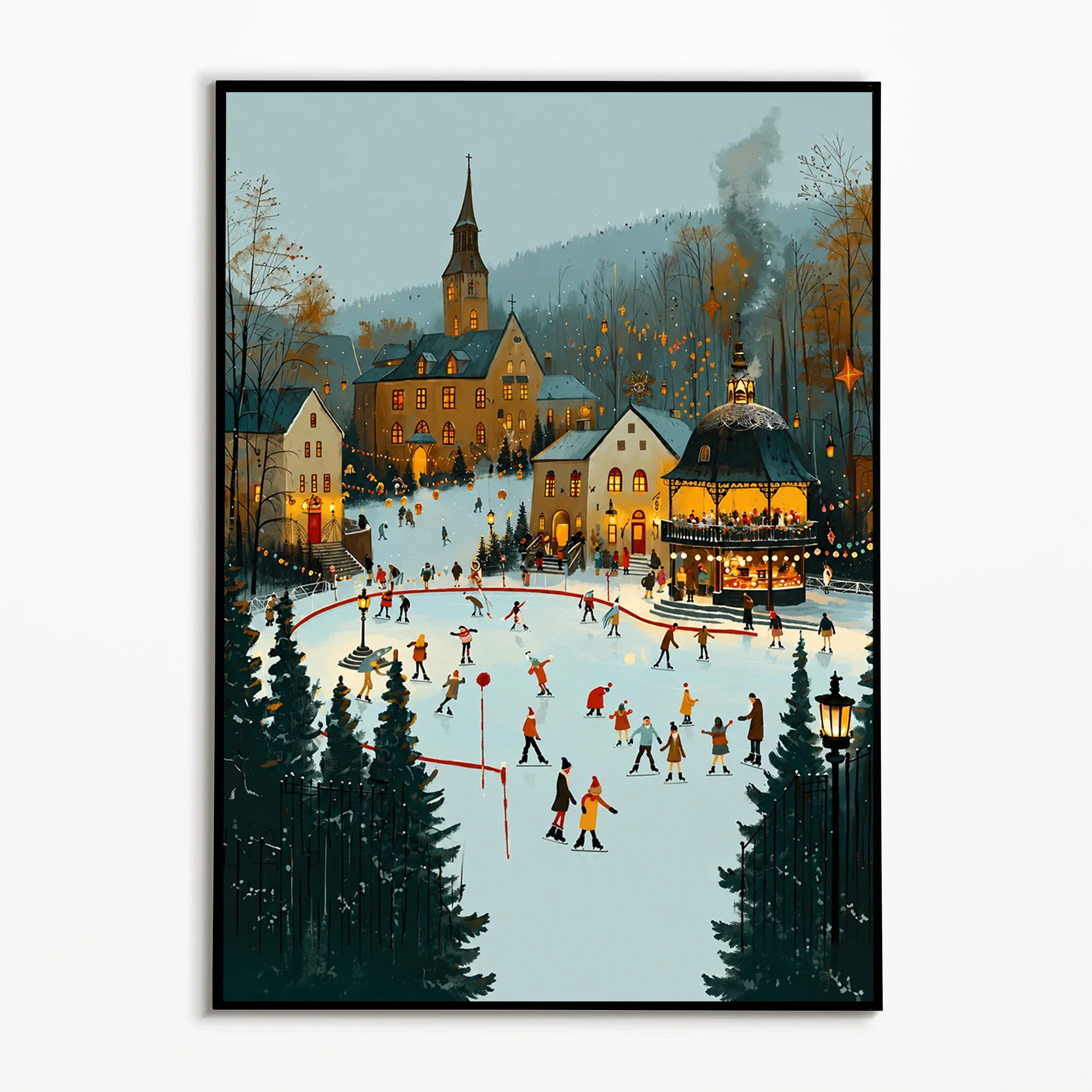 Frameless canvas paintings,1PC Winter Ice‑Skating Town Art Poster Christmas Snow‑Scene Village Wall Art  Modern Canvas Printing