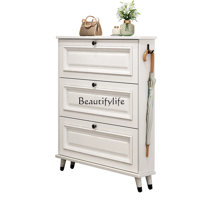 

*American cream shoe cabinet household door ultra-thin tipping bucket small shoe rack