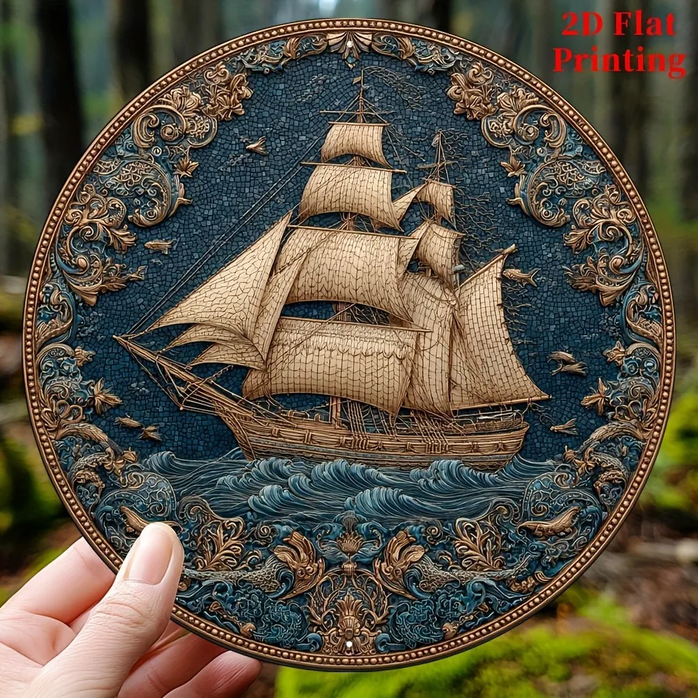 CIFBUY Boho Vintage Sailboat Aluminum Wall Art Waterproof Rustproof Metal Decor for Home Kitchen Office