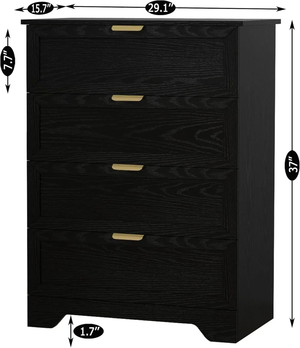 4 Drawer Dresser, 37inch Tall Dresser Chest with Large Drawer, Wood Dresser Storage Cabinet Organizer Unit for Bedroom