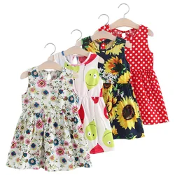 2024 Summer Girls Print Binding Rope Dress for 1-6Years Kids Cotton Sleeveless Sundress Baby Beach Above Knee Mini Casual Dress